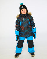 Two-piece ski suit on model, printed jacket hood up, warm to −30C — limited stock