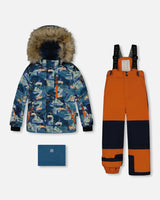 Two Piece Snowsuit Burnt Orange With Printed Animals And Glaciers | Deux par Deux | Jenni Kidz