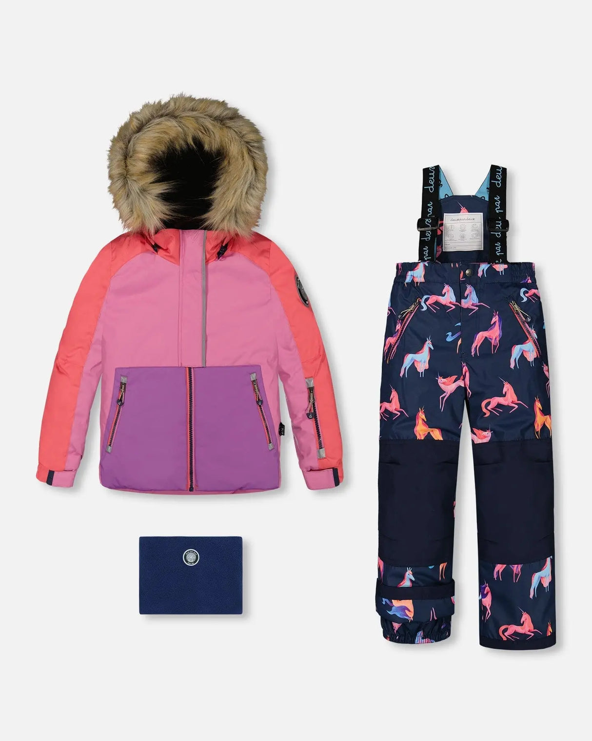 Two Piece Snowsuit Colorblock Purple And Coral With Printed Unicorns | Deux par Deux | Jenni Kidz