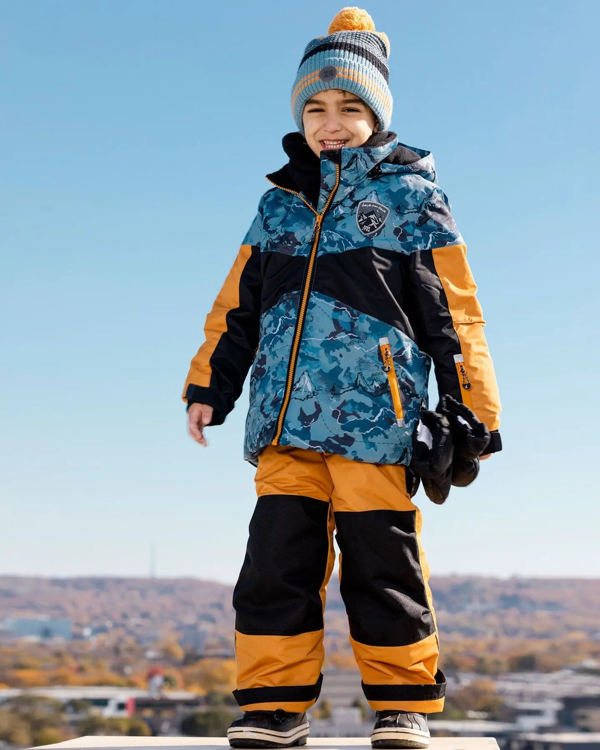 Two Piece Snowsuit Golden Oak With Mountain Print | Deux par Deux | Jenni Kidz