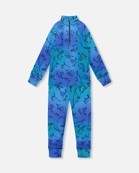 Two-Piece Thermal Underwear Set Blue Gradient Dinosaur Print | Deux par Deux | Jenni Kidz