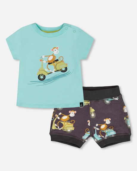 Two-Piece Top And Short Set Monkey On Navy And Turquoise Moped | Deux par Deux | Jenni Kidz