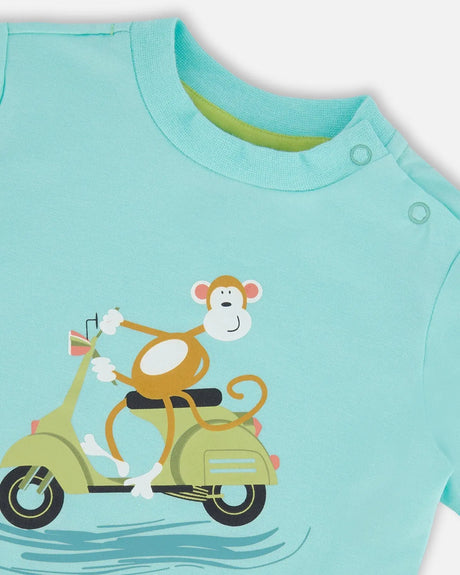 Two-Piece Top And Short Set Monkey On Navy And Turquoise Moped | Deux par Deux | Jenni Kidz