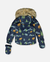 Back view of blue printed jacket with faux-fur hood and elastic cuffs.
