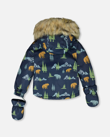 Back view of blue printed jacket with faux-fur hood and elastic cuffs.
