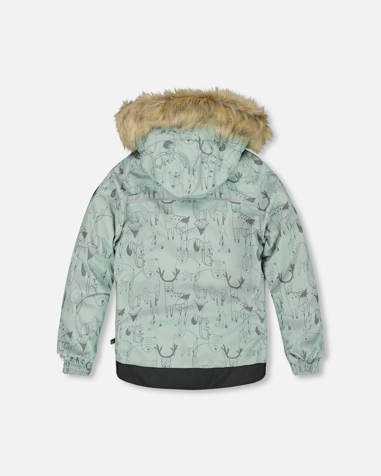 Back view of jacket and snow pants, faux-fur hood, kids winter suit