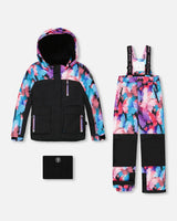 Girls two-piece ski suit — black butterfly-print jacket with black pants, waterproof to −30C.