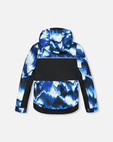 Side/back angle of jacket highlighting elastic cuffs and wind flap, kids winter suit.