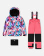 Girls two-piece ski suit — butterfly jacket with flash coral pants, waterproof to -30C.