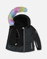 Inside view of fleece-lined kids winter suit jacket with pass pocket.