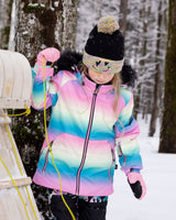Closeup of fleece-lined kids winter suit jacket with pass pocket and chin guard.