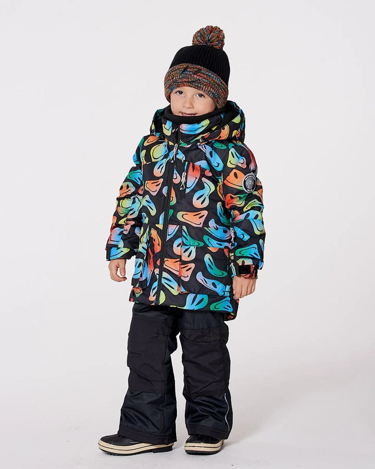 Model in Smiley Face jacket and snow pants, detachable hood, breathable