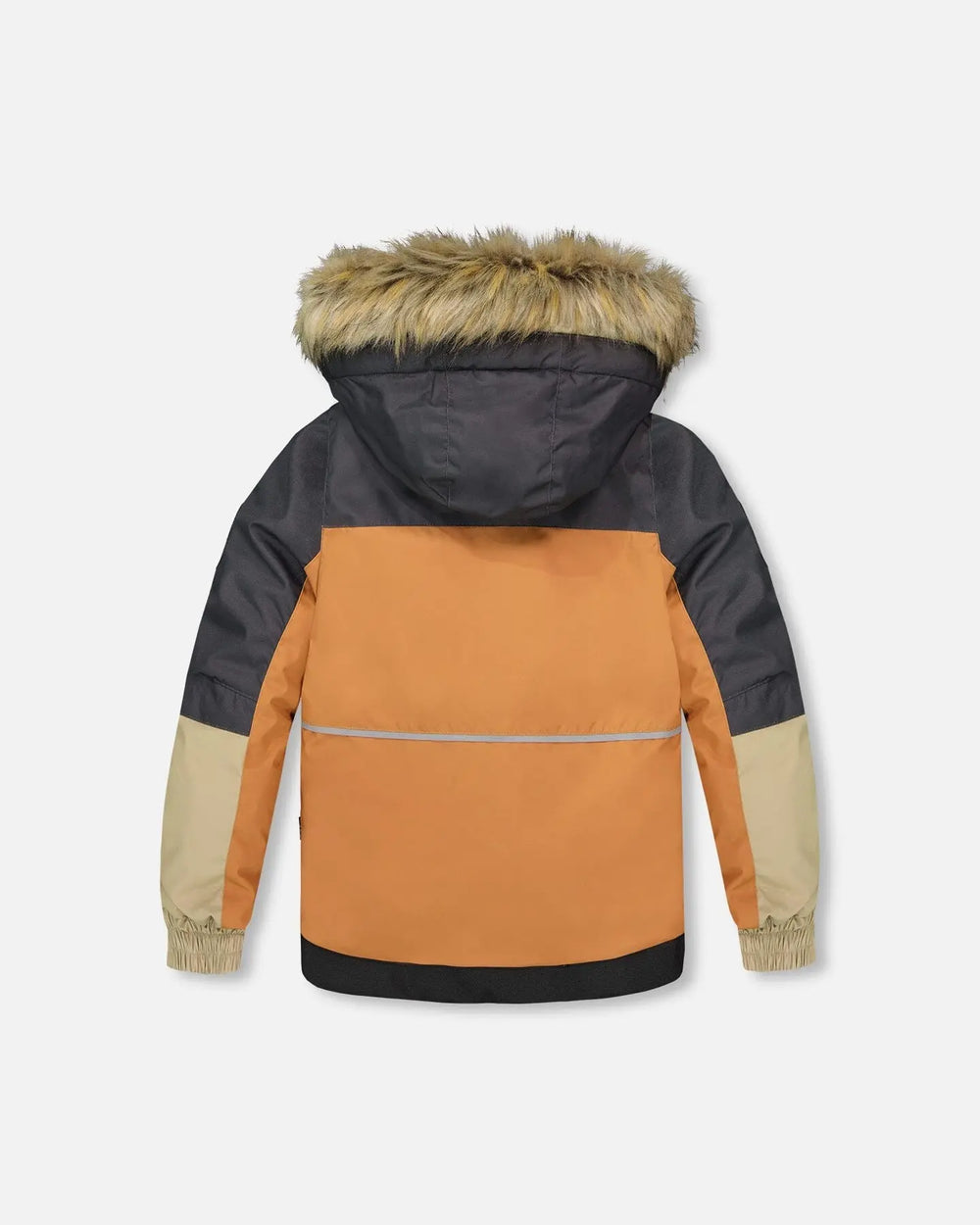 Back view of jacket with storm flap and faux-fur hood, kids winter suit.