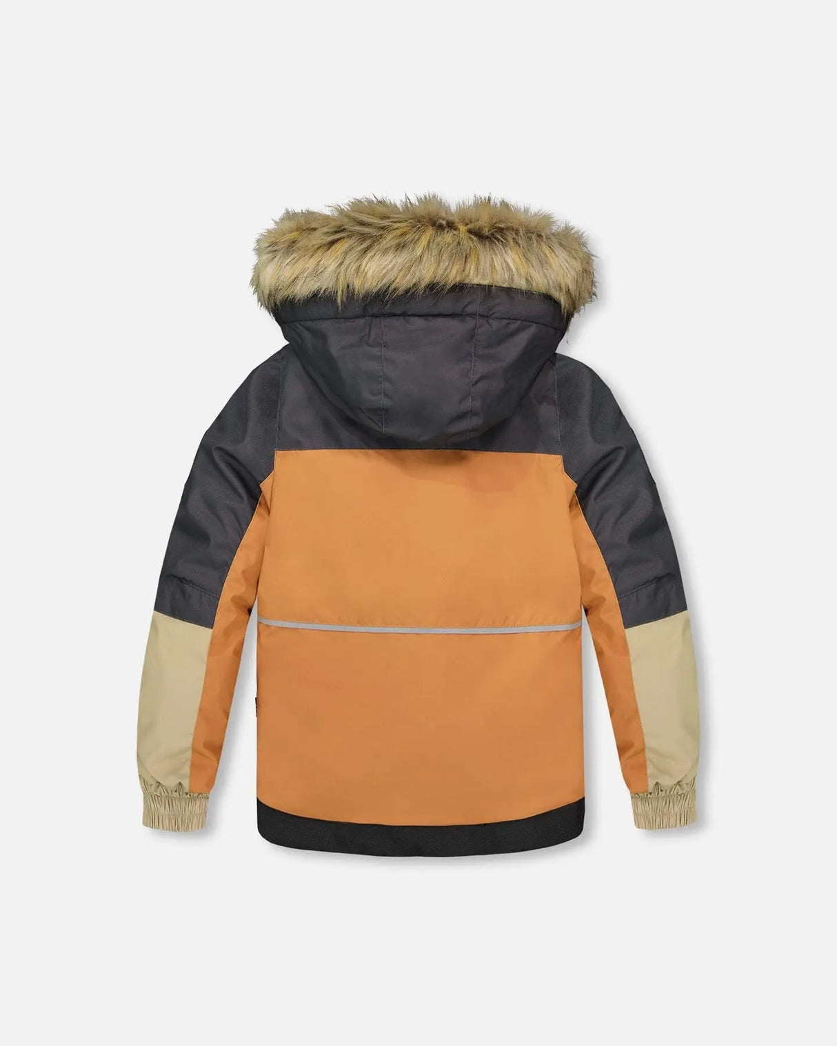 Back view of jacket with storm flap and faux-fur hood, kids winter suit.