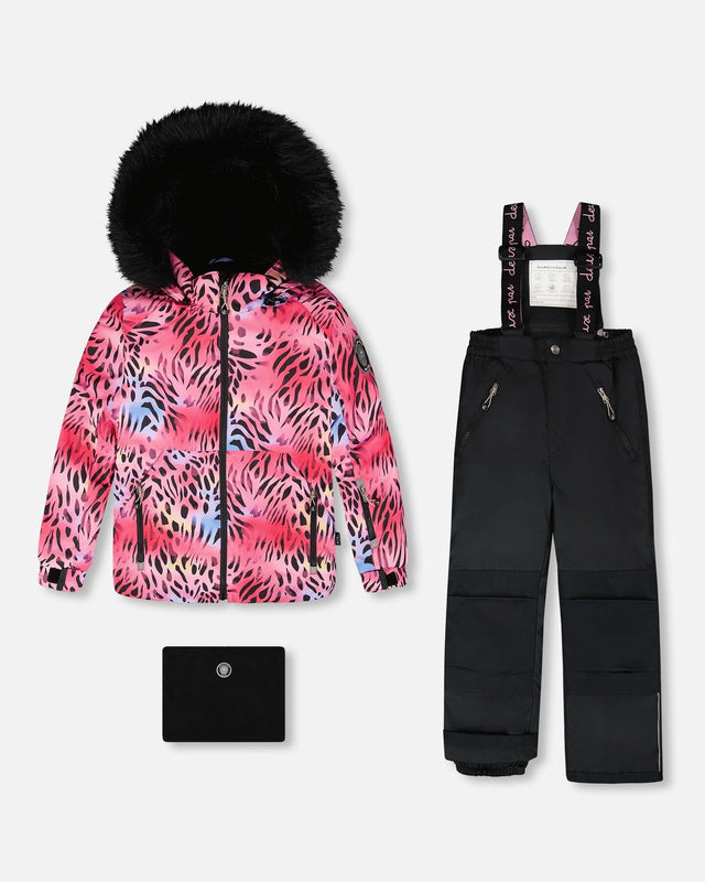 Deux Par Deux girls two-piece snowsuit multicolor jacket and black bib pants, winter ski suit set for kids in Canada
