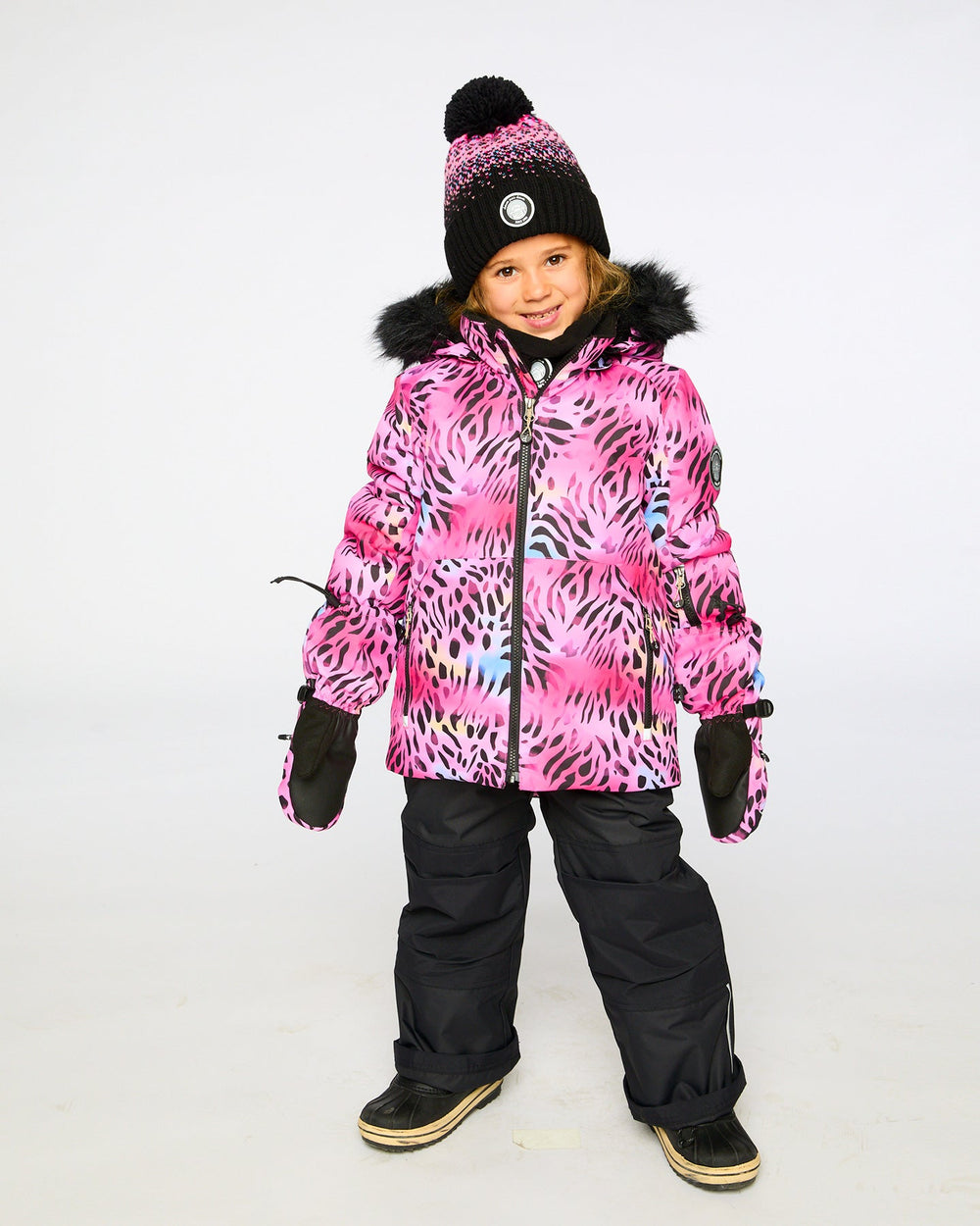 Toddler girls snowsuit set with multicolor print jacket and solid black ski pants, warm waterproof winter suit US & Canada