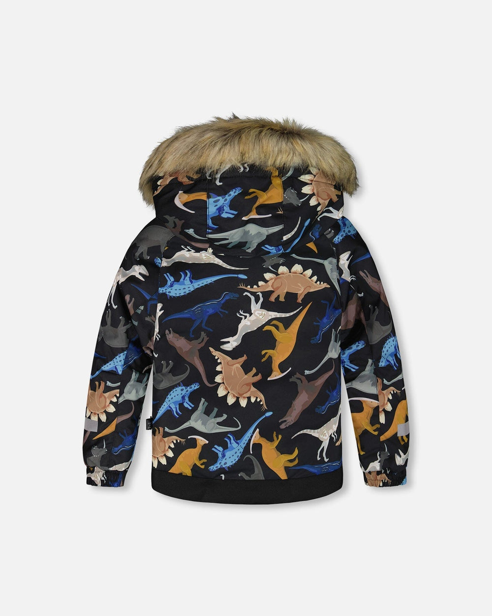 Back view of jacket with fur-trim hood, two-piece ski suit, dinosaurs print.
