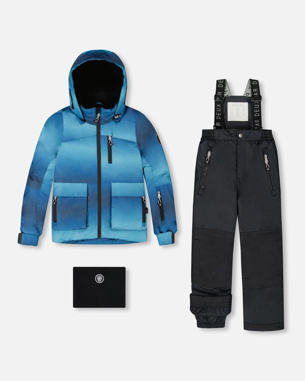 Boys snowsuit two-piece set with printed jacket and black pants, front view
