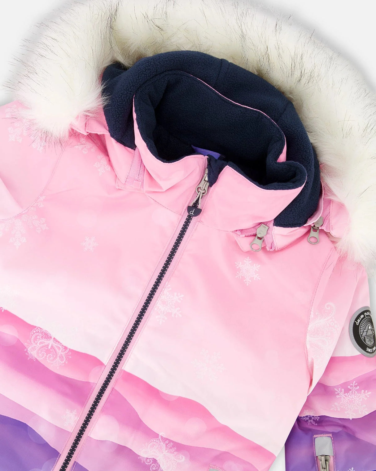 Closeup of hood and zipper with chin guard, waterproof coating detail — girls two-piece ski suit.