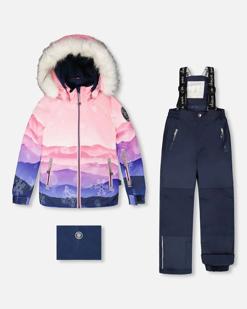 Girls two-piece ski suit — pink gradient jacket with navy pants, waterproof to -30C.