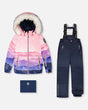 Girls two-piece ski suit — pink gradient jacket with navy pants, waterproof to -30C.