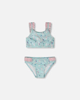 Deux par Deux girls Blue/Pink seahorse two-piece swimsuit with frilled straps and matching bottoms.