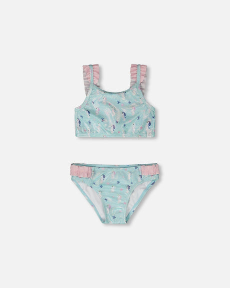 Deux par Deux girls Blue/Pink seahorse two-piece swimsuit with frilled straps and matching bottoms.