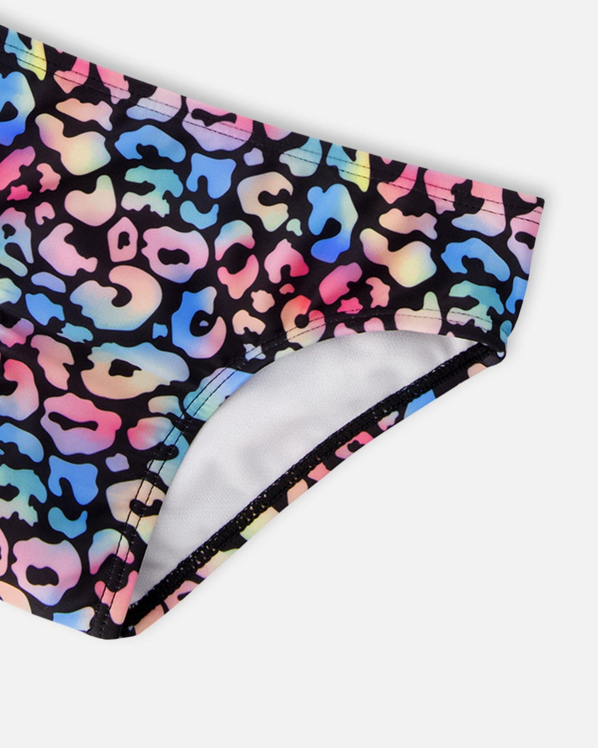 Closeup of Deux par Deux swim bottoms showing bold multicolor leopard print and stretch fabric.