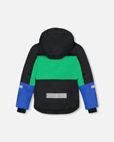 Back view of jacket with fleece lining and pass pocket, kids winter suit.