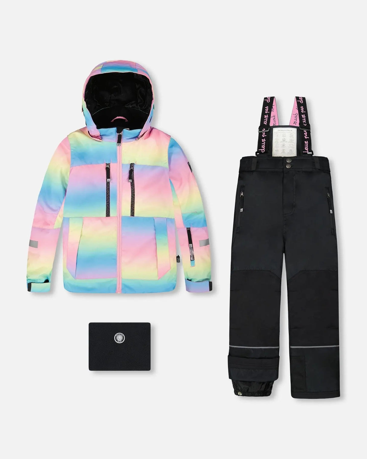 Rainbow gradient Deux par Deux girls snowsuit flat lay jacket and pants