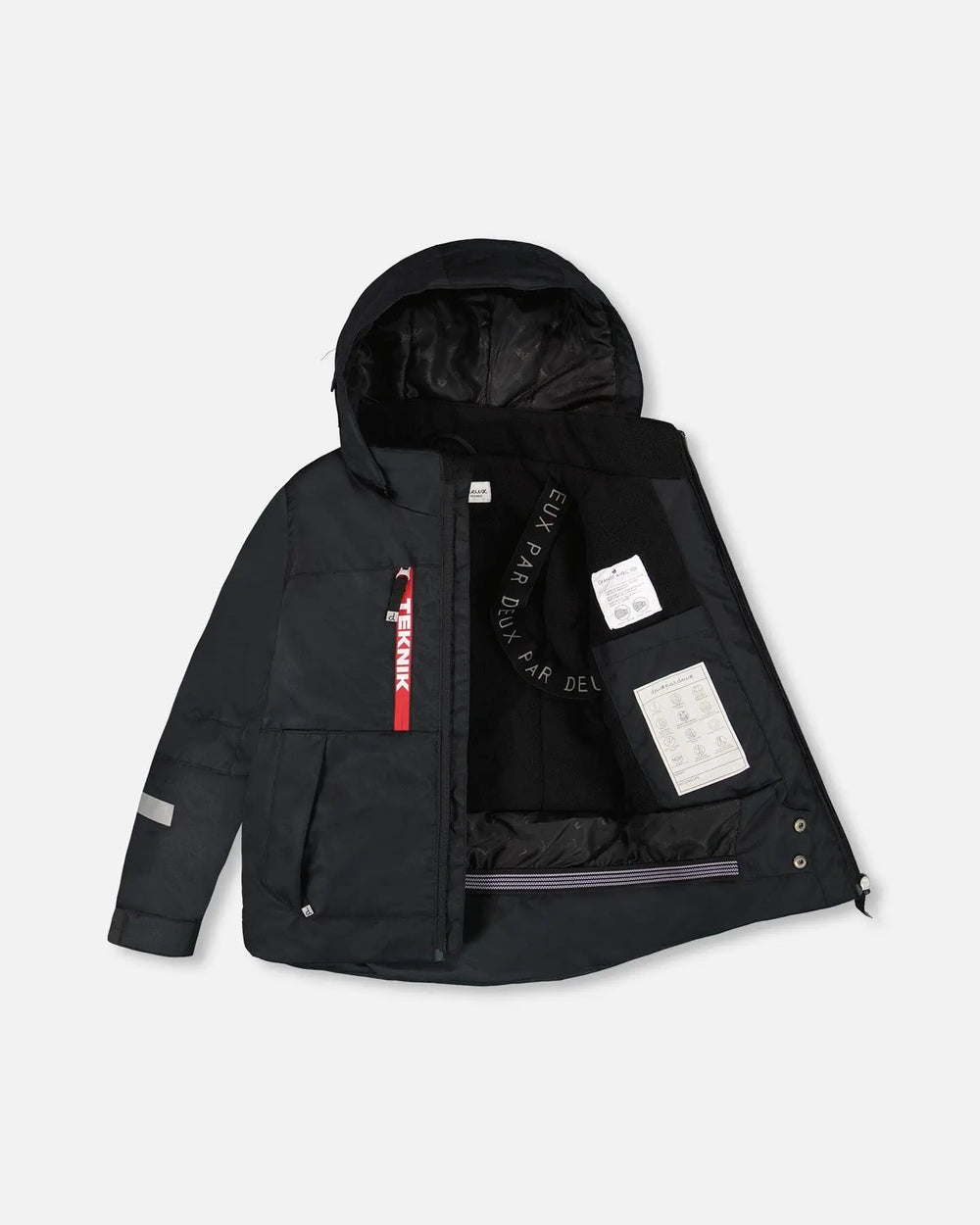 Close-up of TEKNIK jacket showing insulation and detachable hood