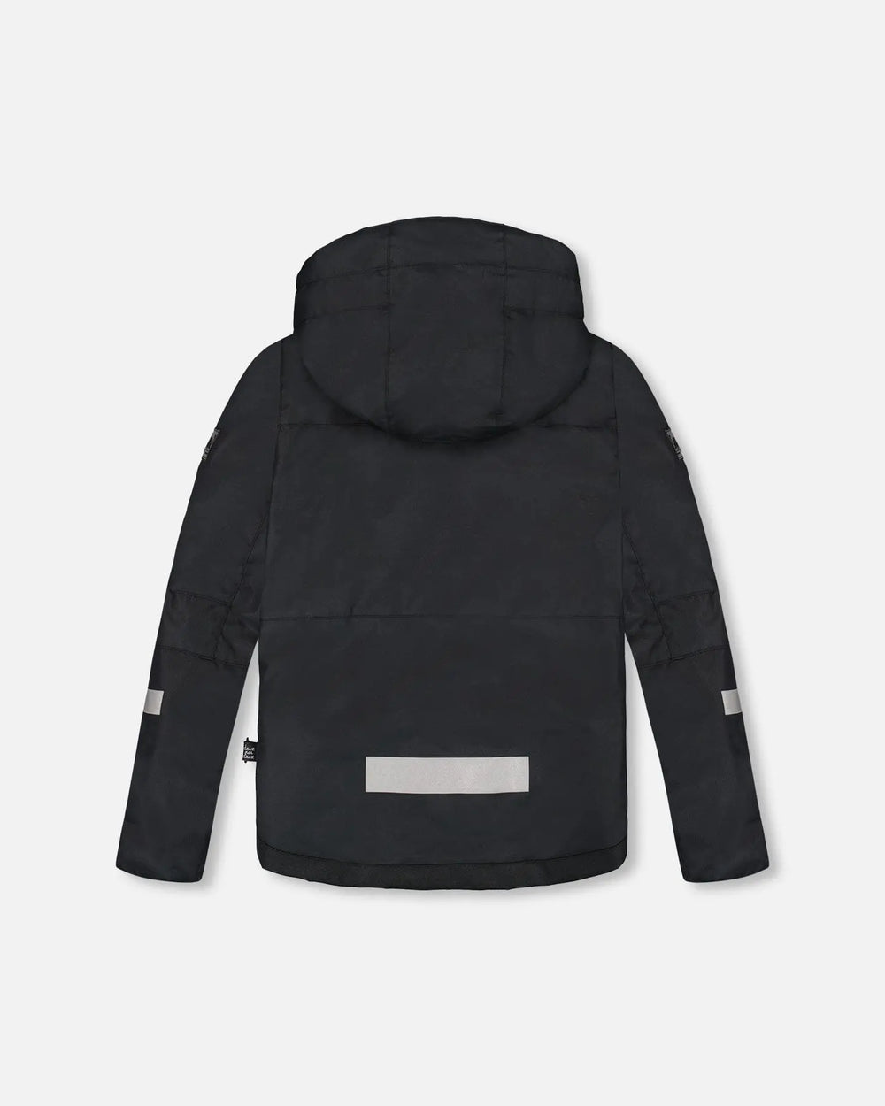 Back view of red and black boys winter jacket with reflective trim