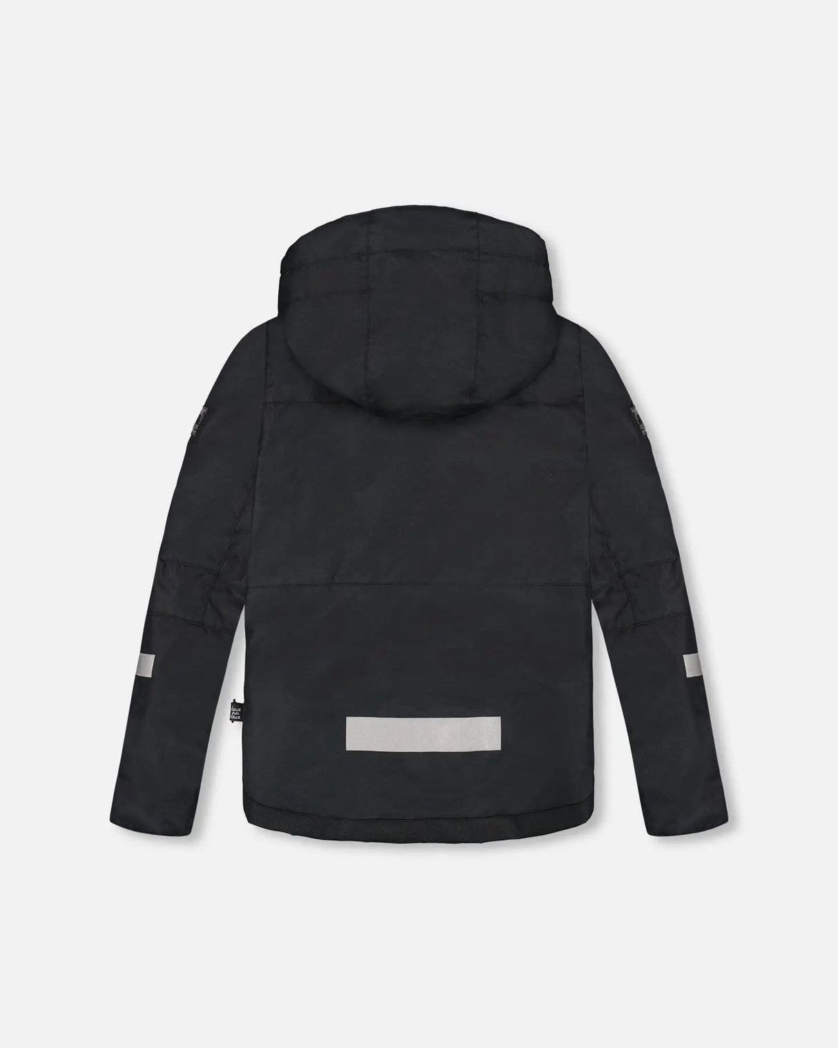 Back view of red and black boys winter jacket with reflective trim