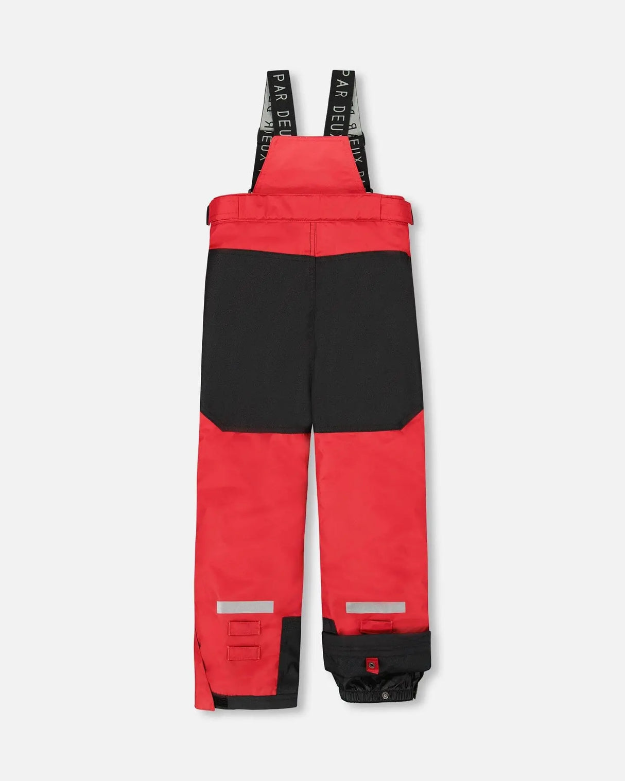 Snow pants in red with reinforced knees and adjustable suspenders