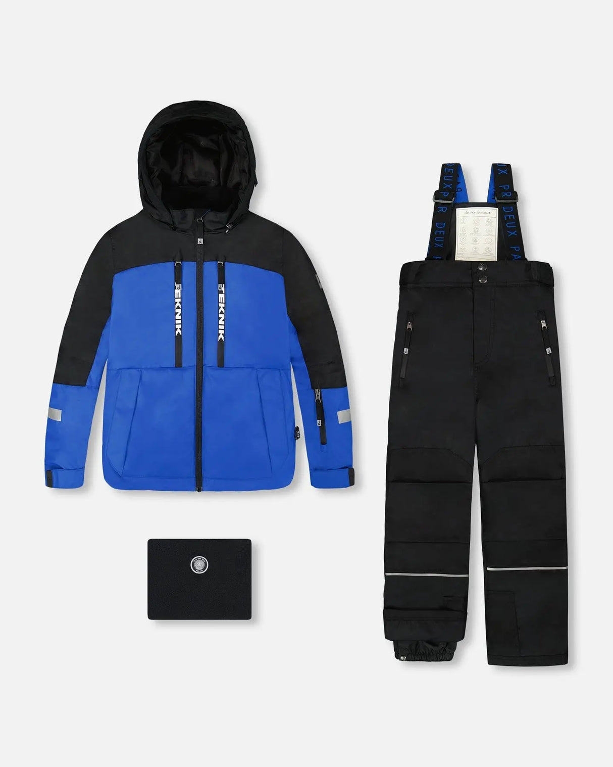 Boys TEKNIK two-piece ski suit — royal blue jacket with black pants, PrimaLoft warmth to −30C.