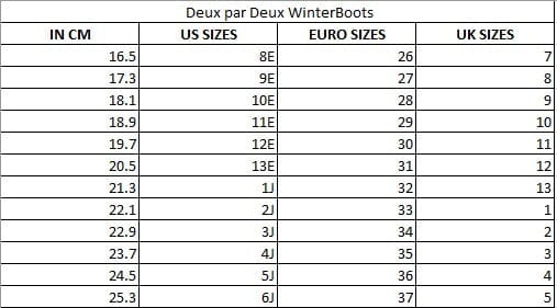 Deux par Deux Winter Boots Brown Sugar With Removable Liner - size guide