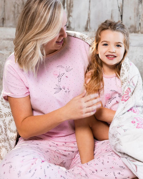 Women'S Printed Organic Cotton Two-Piece Pajama Set Small Pink Flowers On Pale Pink Background | Deux par Deux | Jenni Kidz