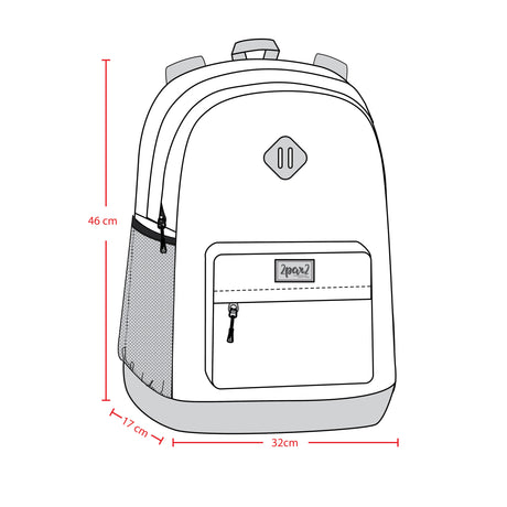 Product diagram of kids school backpack showing compartments, laptop sleeve, and front pocket layout.