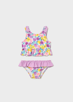 Mayoral baby girl UPF 40+ Lilac/Multi two-piece swim set with floral print and ruffle detail.