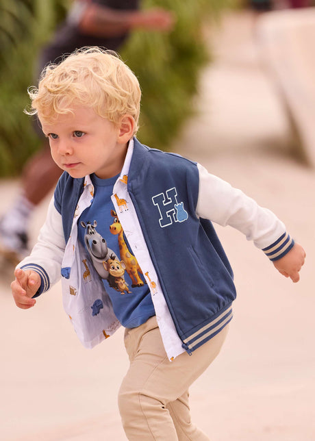Baby boy wearing Mayoral Navy bomber jacket for a sporty everyday outfit.