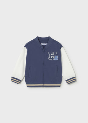 Mayoral baby boy Navy varsity bomber jacket with contrast sleeves, rib trim, and front patch.