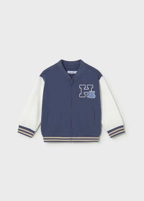 Mayoral baby boy Navy varsity bomber jacket with contrast sleeves, rib trim, and front patch.