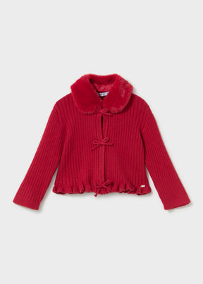 Mayoral baby cardigan with faux fur collar in Red, sizes 6M-4Y – product view 1
