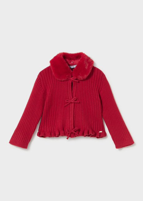 Mayoral baby cardigan with faux fur collar in Red, sizes 6M-4Y – product view 1