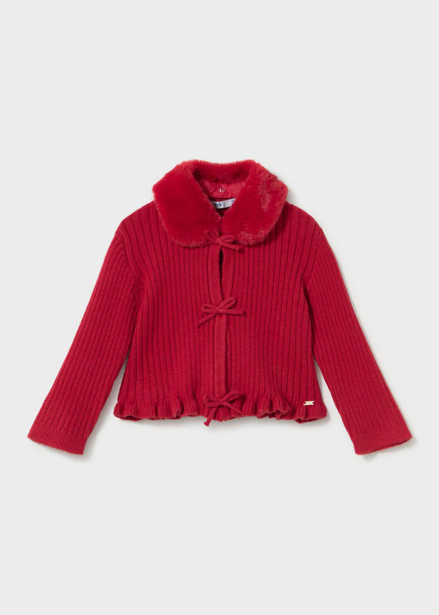 Mayoral baby cardigan with faux fur collar in Red, sizes 6M-4Y – product view 1