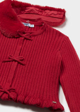 Mayoral baby cardigan with faux fur collar in Red, sizes 6M-4Y – product view 3