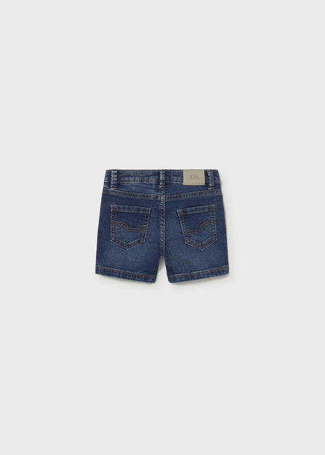 Back view of Mayoral baby denim shorts showing classic wash and everyday pocket detail.