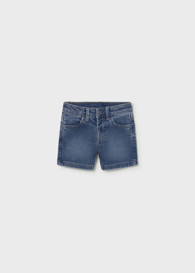 Mayoral baby boy Light Blue denim Bermuda shorts with cotton-blend stretch and classic pocket details.