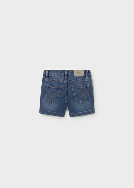 Back view of Mayoral baby boy Light Blue denim shorts with jean-style pockets and summer fit.