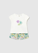 Mayoral baby girl floral shorts and white T-shirt set with soft cotton stretch top.
